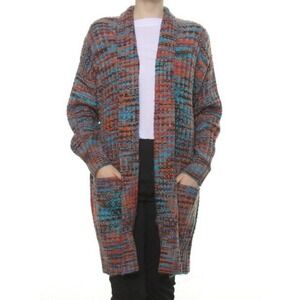 Black Tape XS Open Front Knit Cardigan Boho Colorful Long Sweater Pockets Gypsy